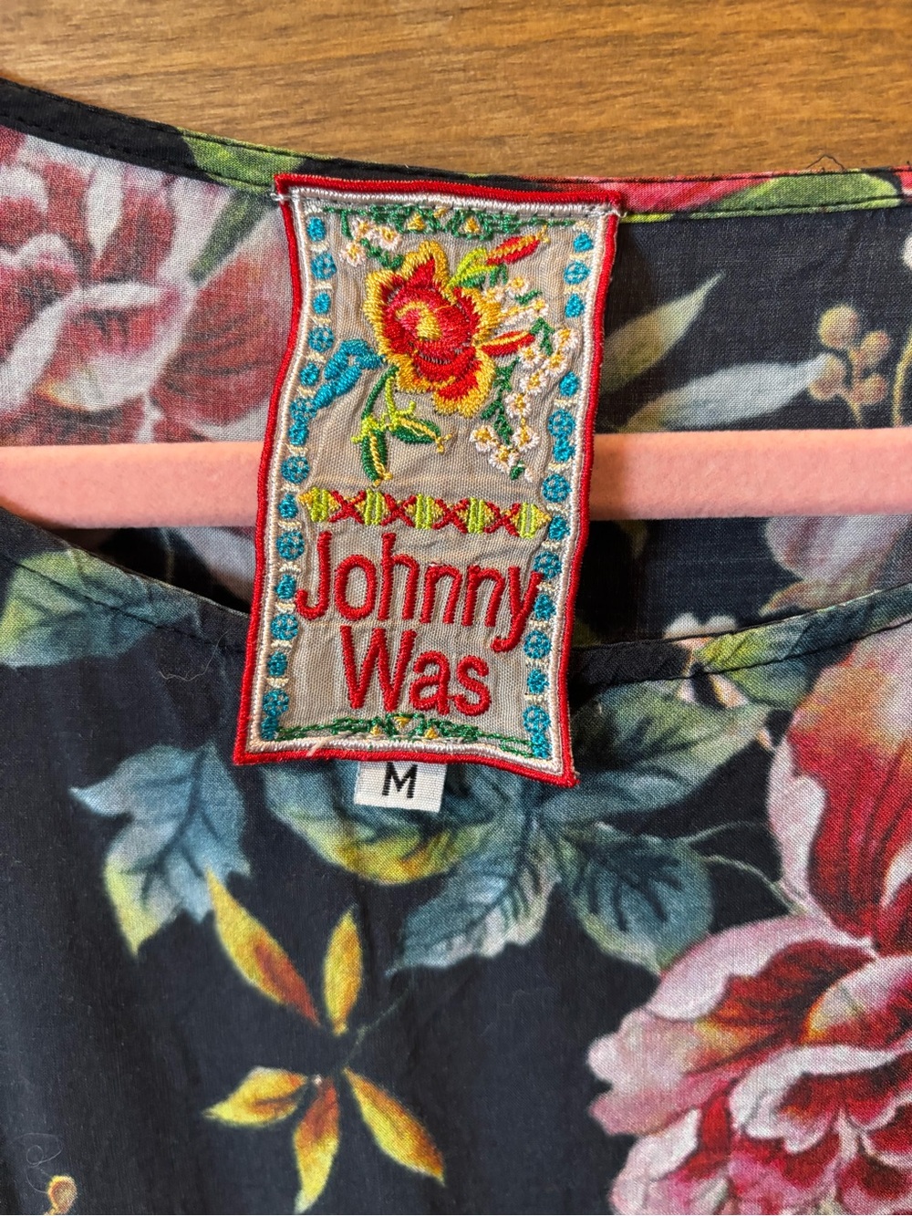 Johnny Was Black Floral Embroidered Neckline Top